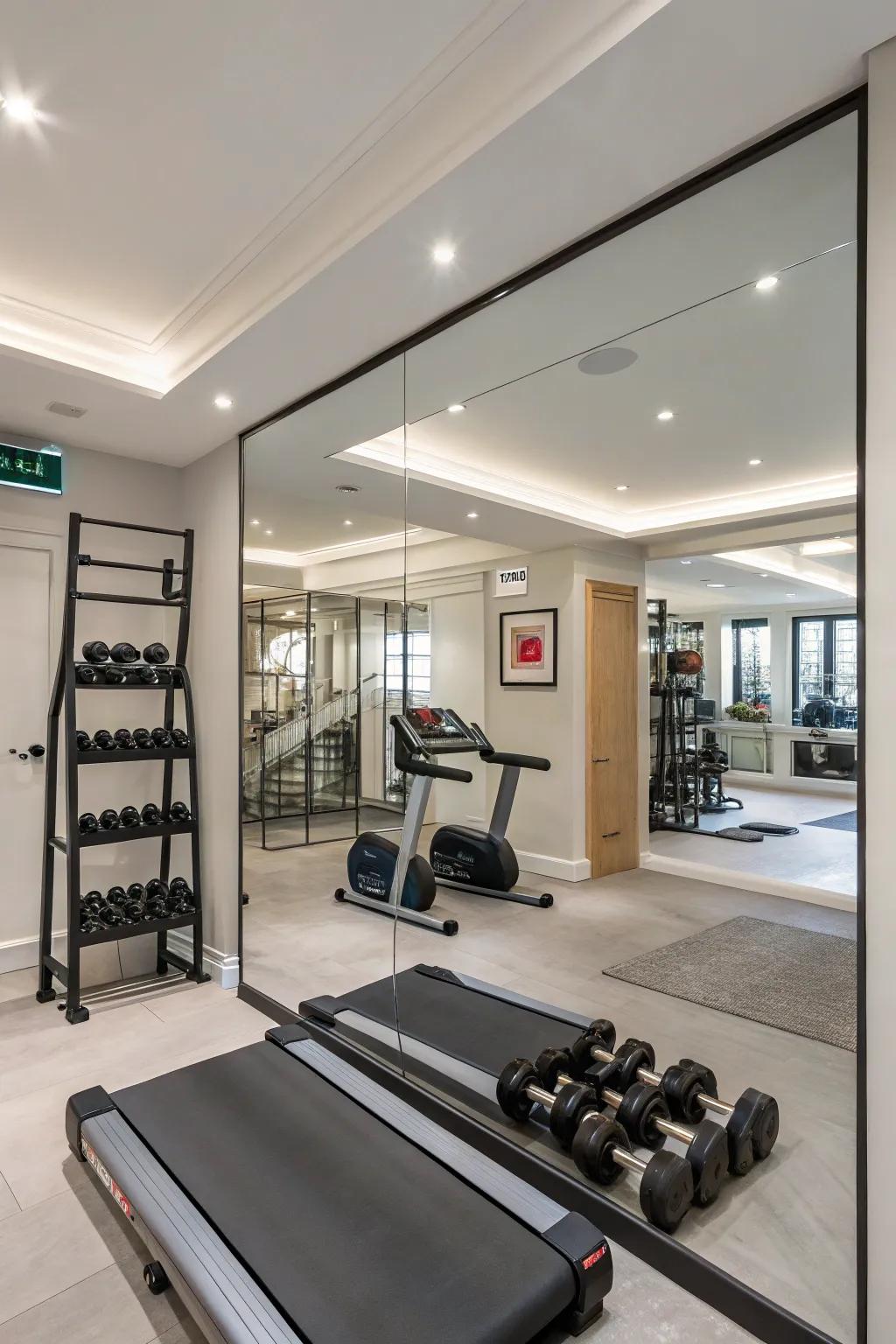 Mirrors boost both the look and functionality of a small fitness area.