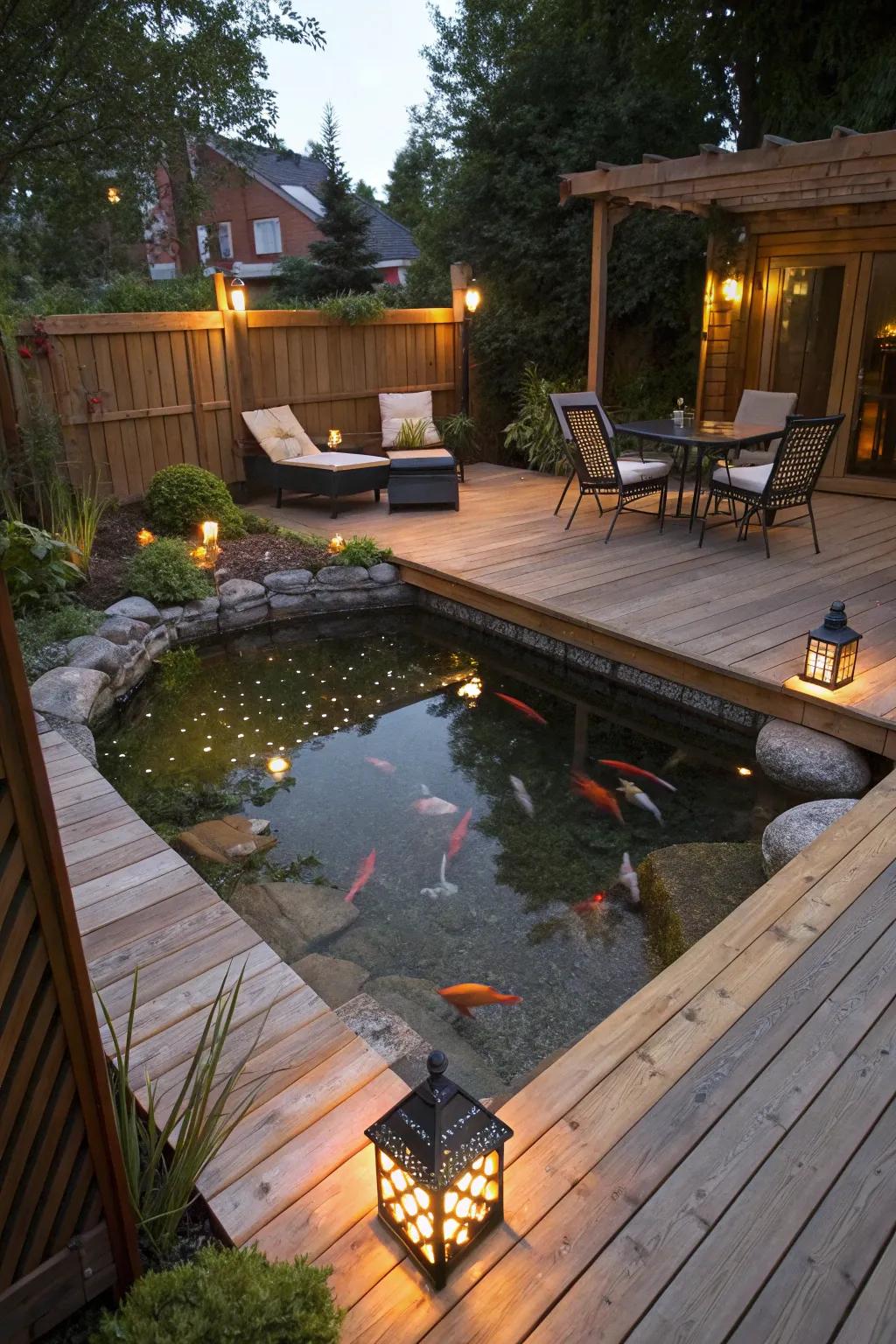 A comfortable patio fish haven ideal for evening relaxation.