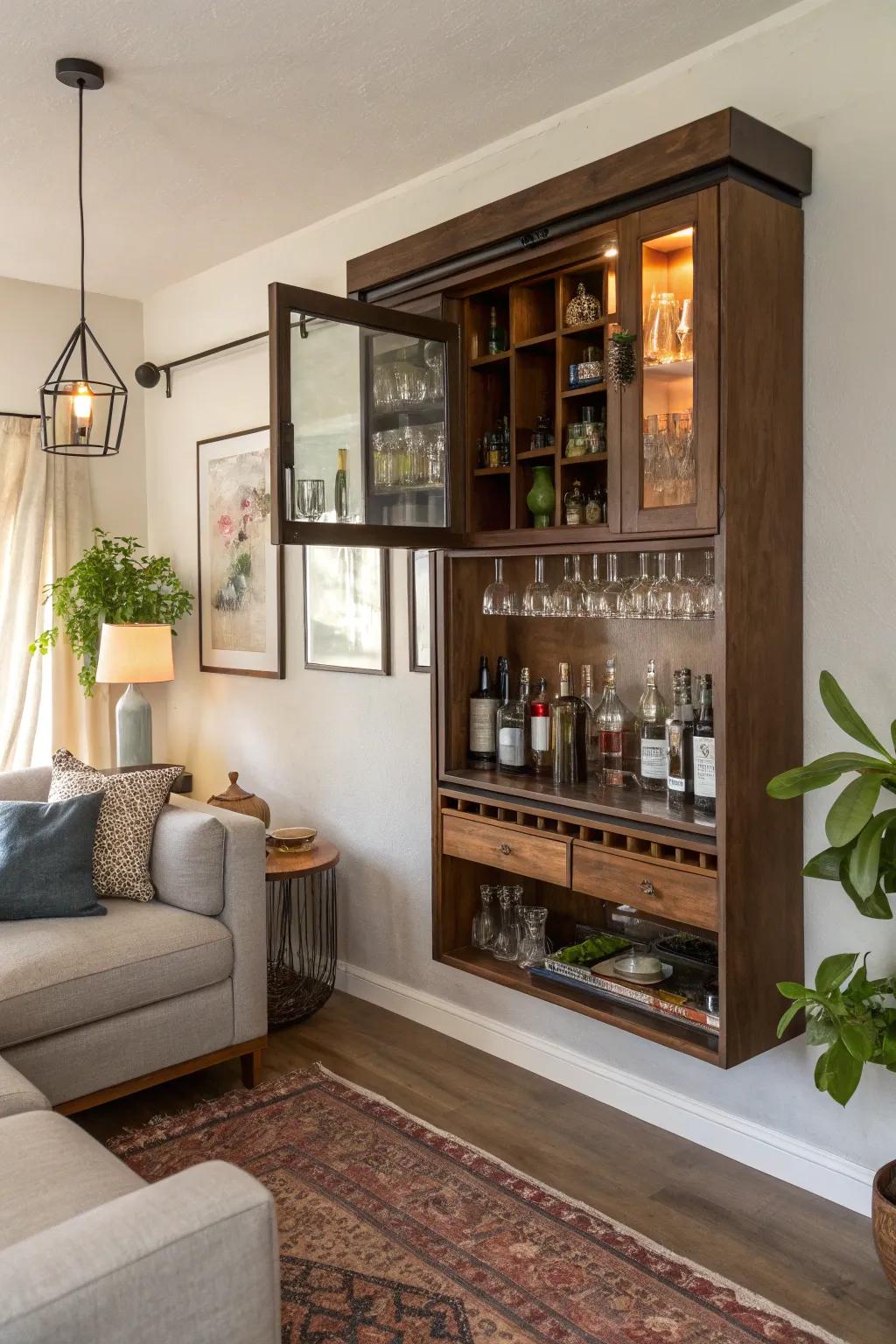 A floating cabinet offers a sleek and modern look.