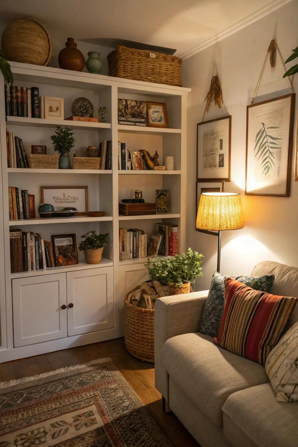Open shelves offer both storage and display options.