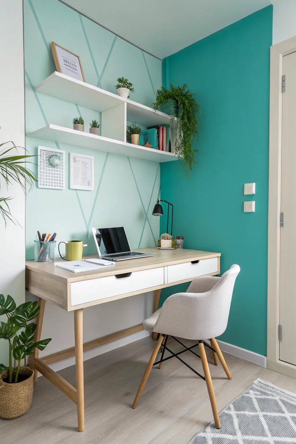 A small office featuring a vibrant accent wall for an energetic pop.