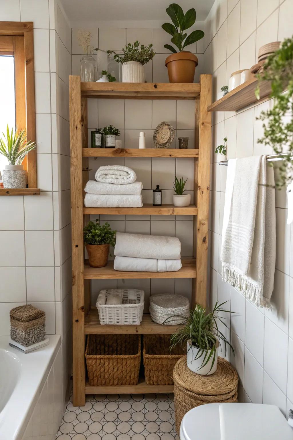 Effective storage using open timber racks in a country bathroom.