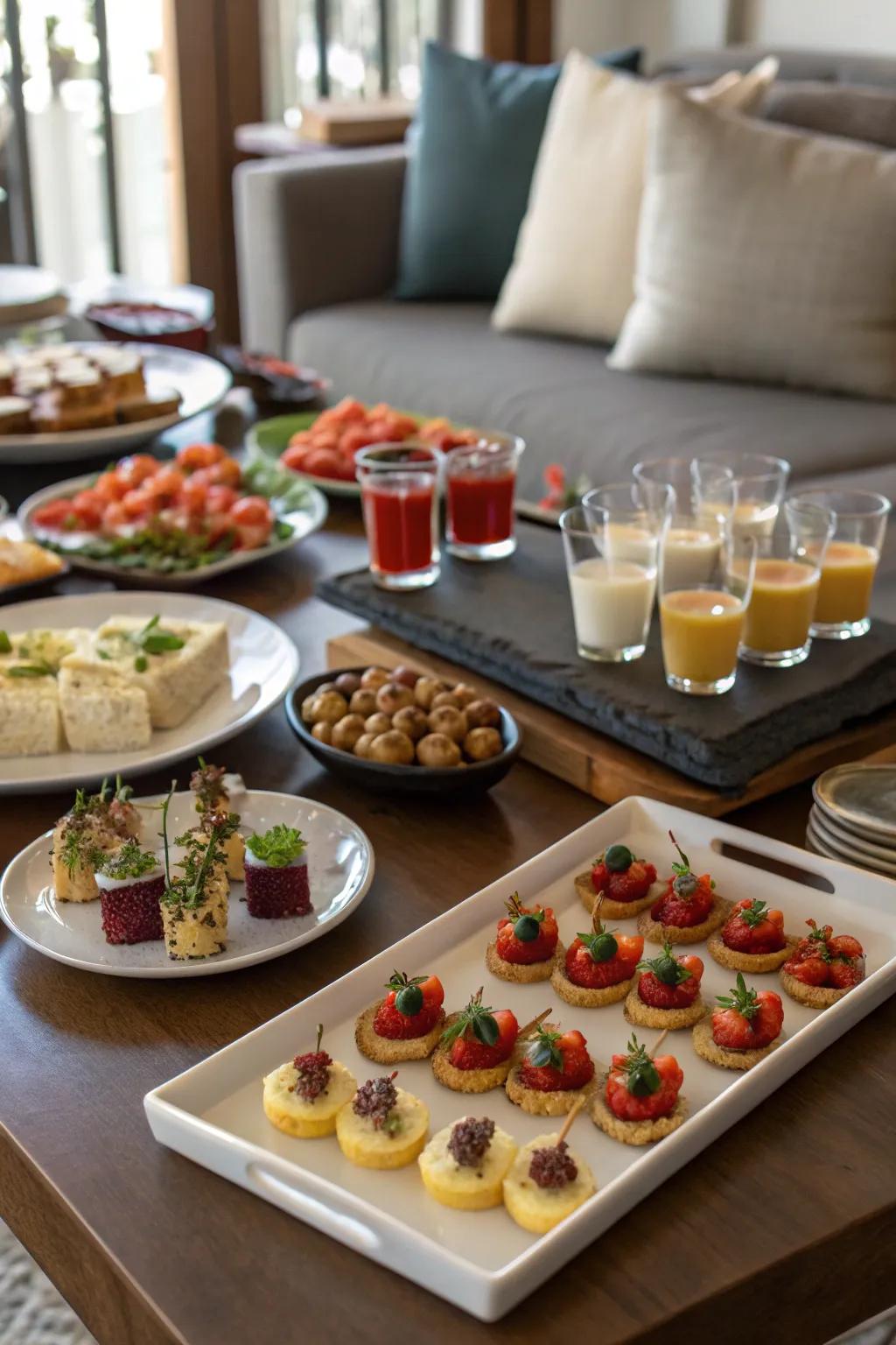 A small-portion sampling event with various small plates and drinks.