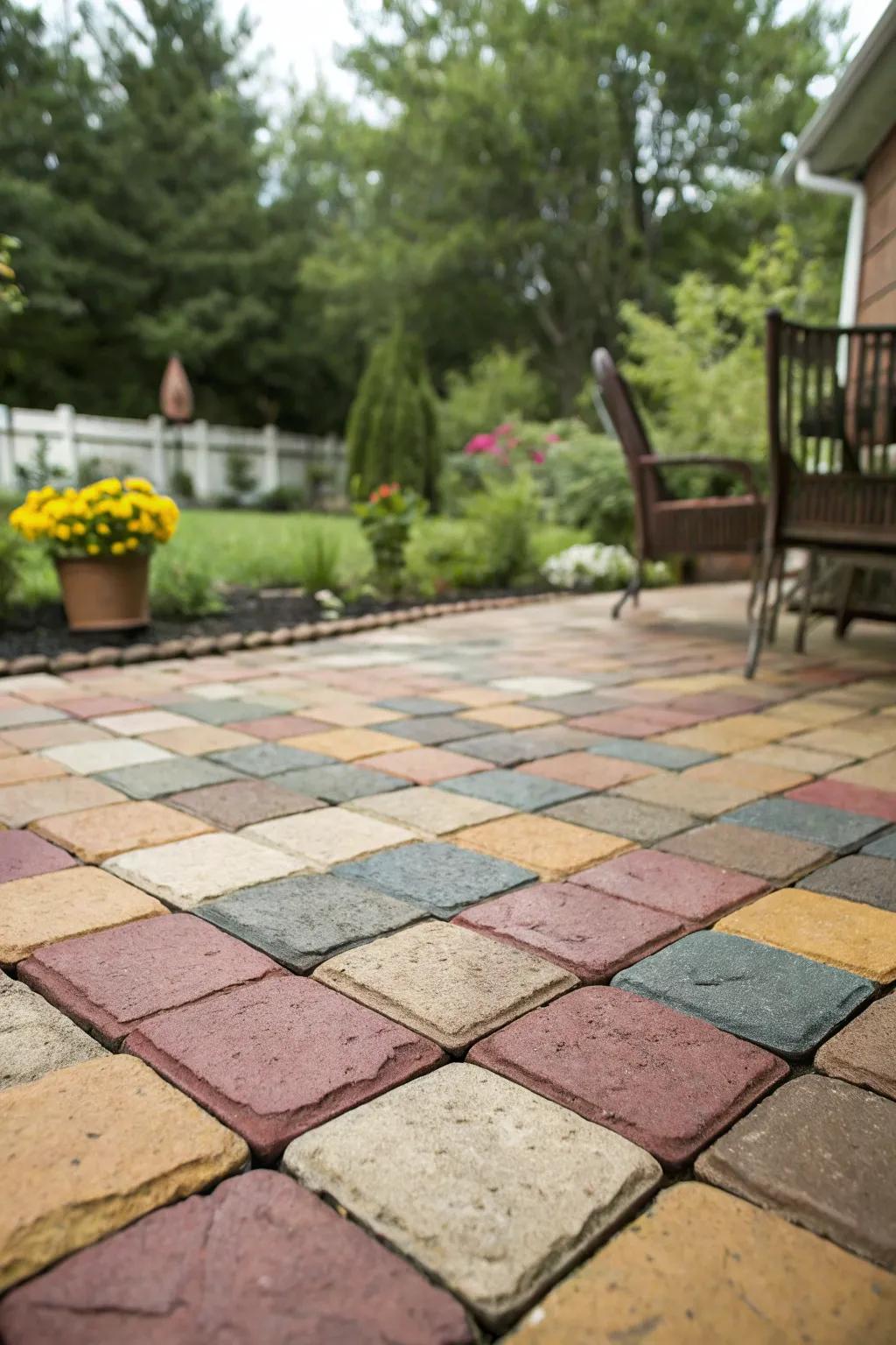 A lively patio filled with striking paver hues.