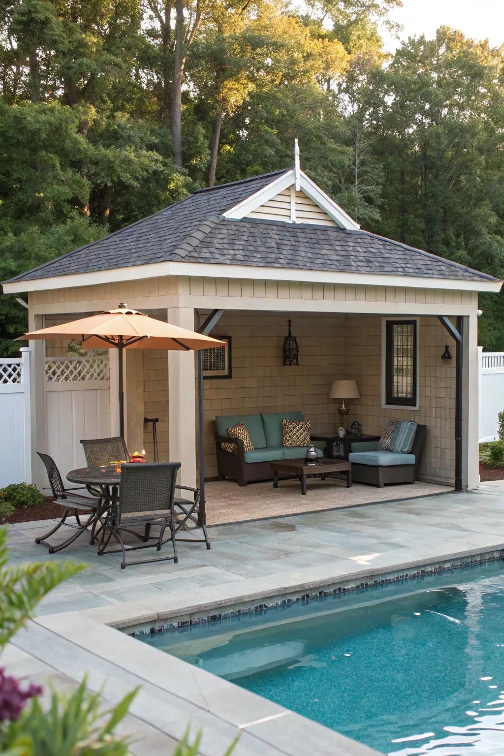 A covered patio enlarges living space and provides shade.