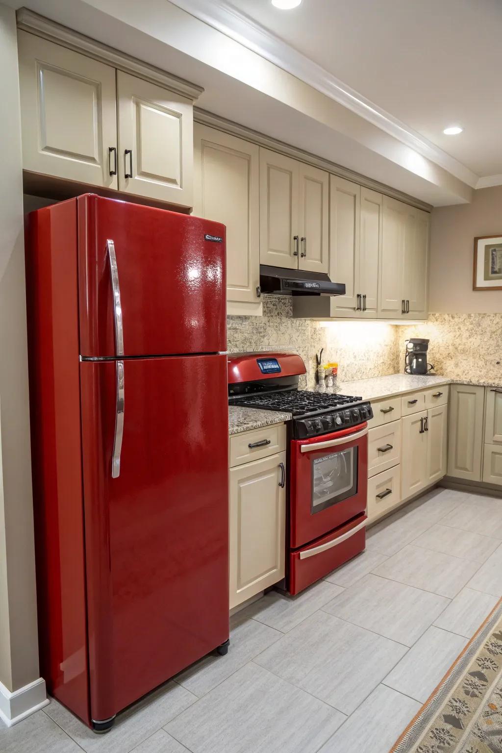 Crimson appliances serving as both practical and design components in a kitchen.