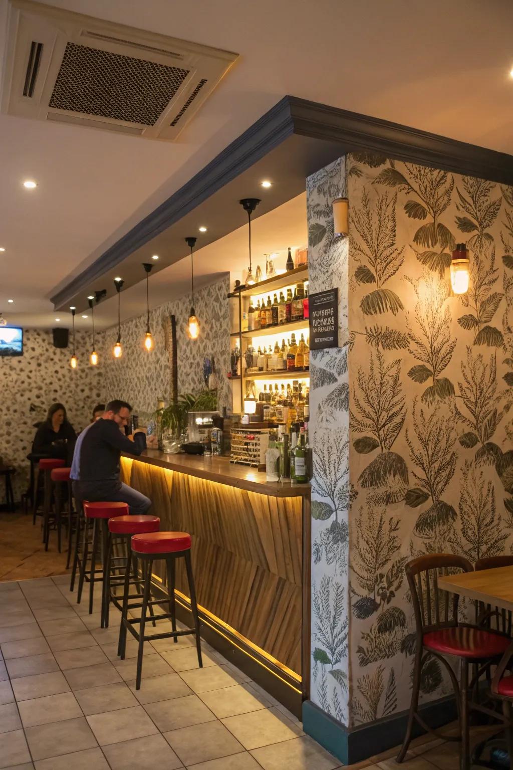 A striking accent wall introduces character to a compact restaurant bar.