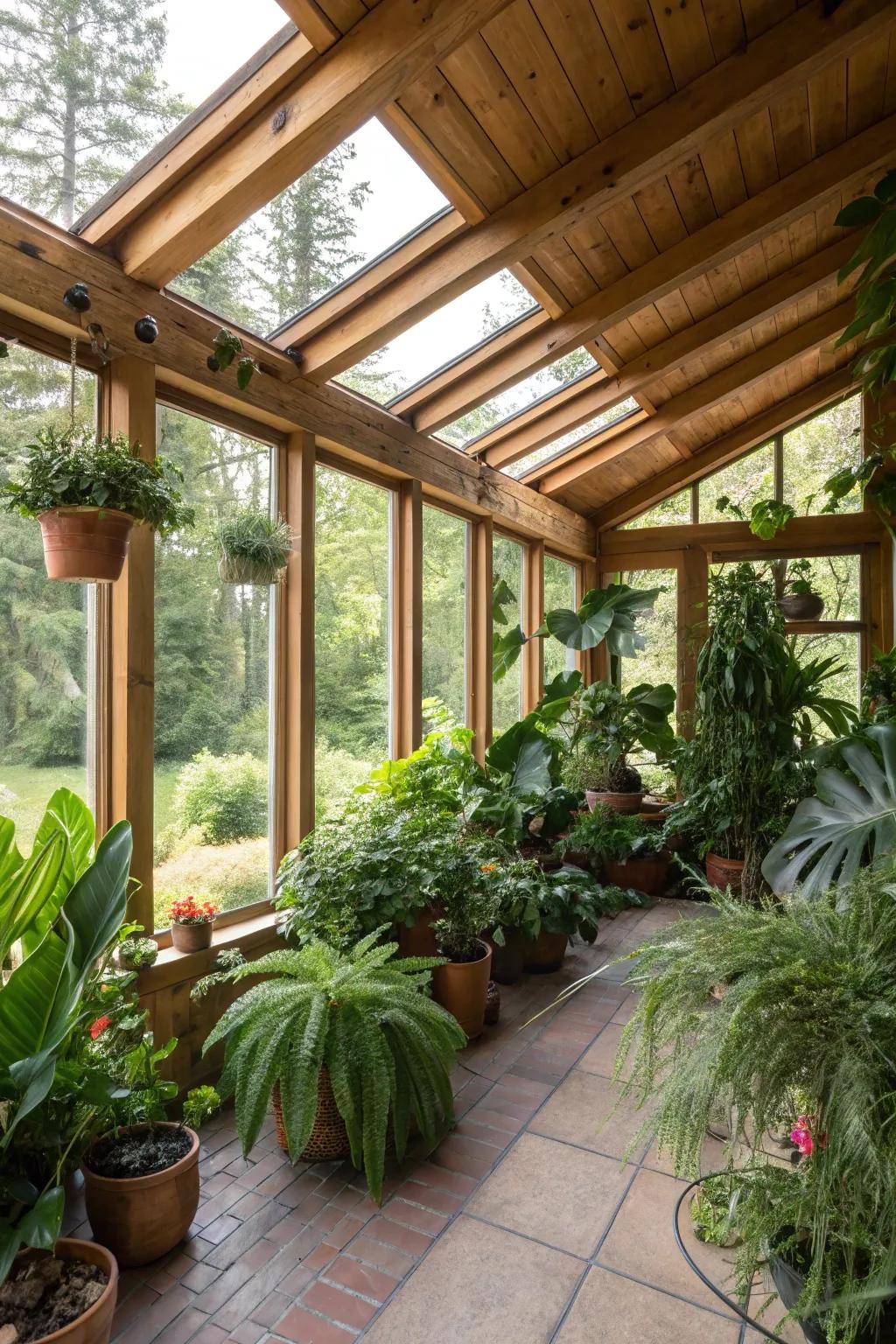 Indoor plants bring vibrancy and life to this country-style sunroom.
