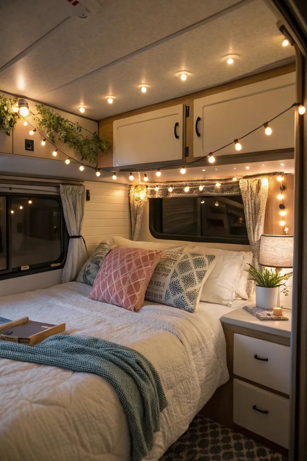 Use ambient lighting to create a warm, welcoming atmosphere in your RV bedroom.