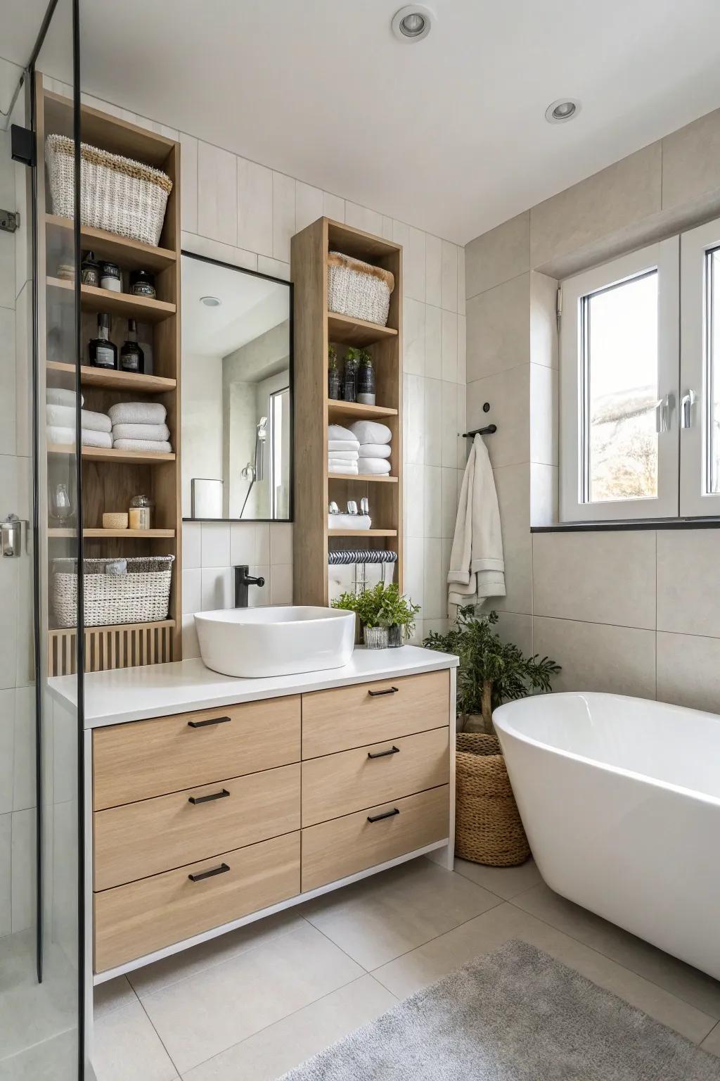 Functional storage keeps the bathroom organized and clutter-free.