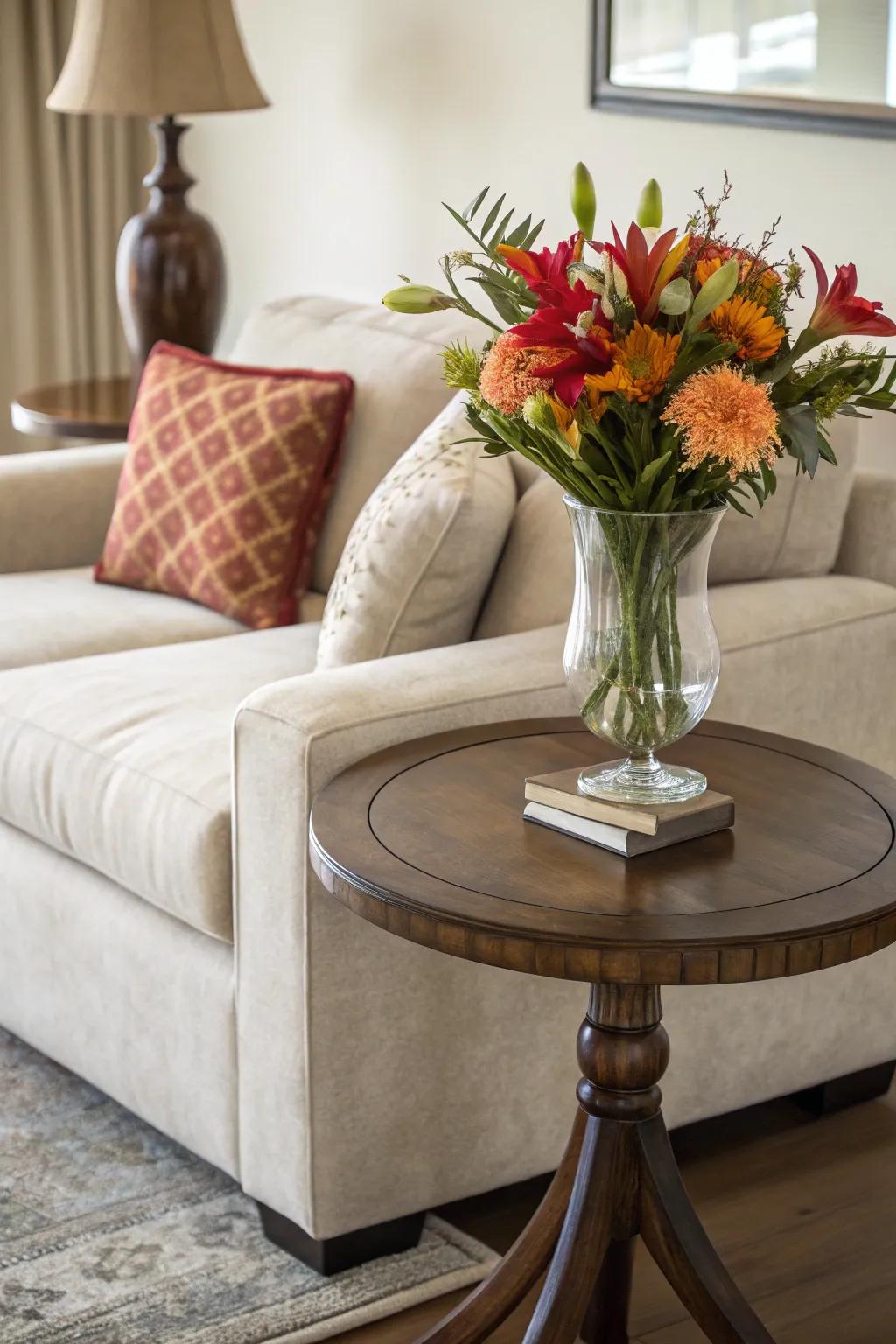 Circular tables contribute a gentle element to rooms with primarily straight lines.