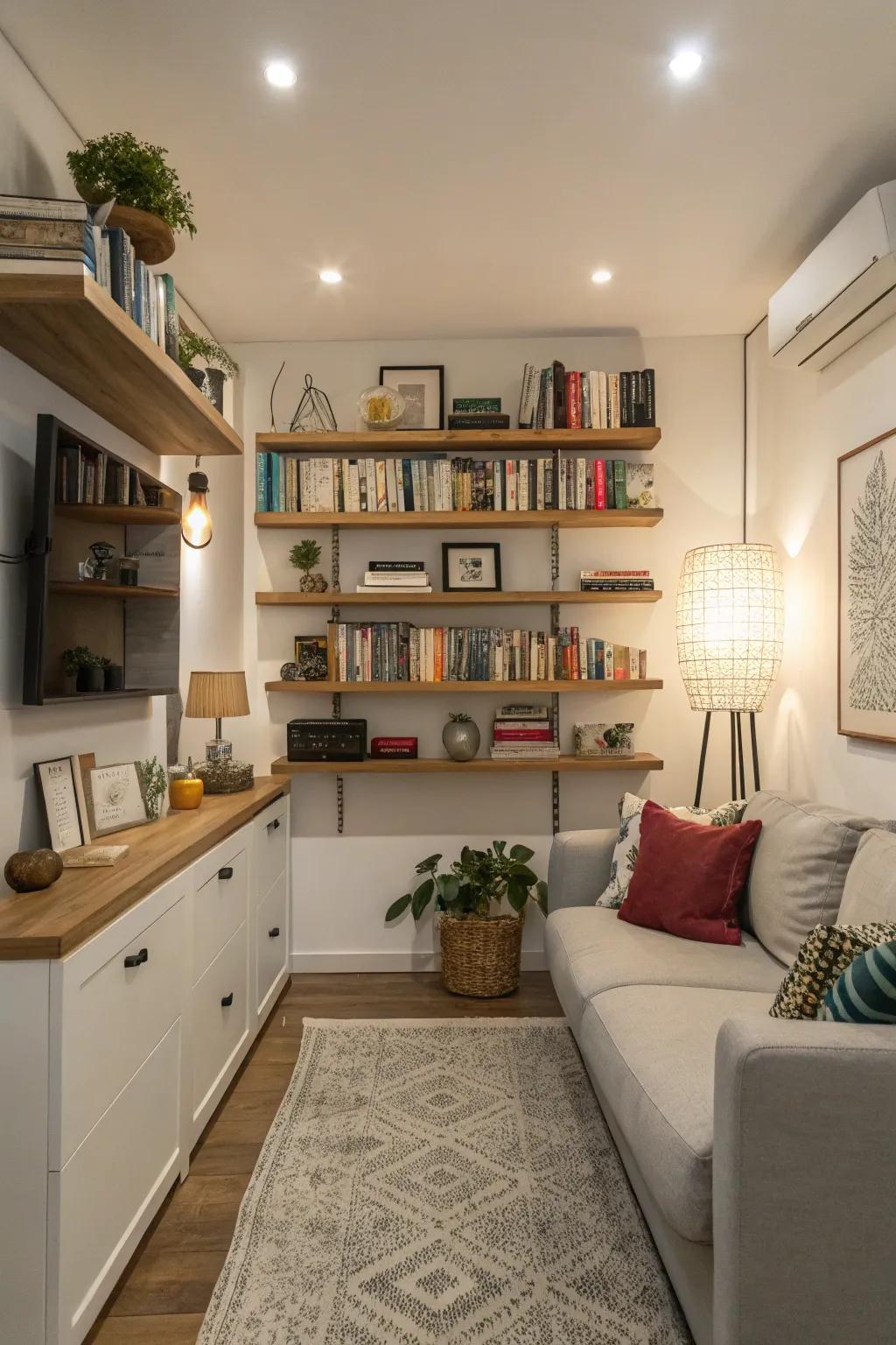 Shelves mounted on the wall provide storage without taking up space while adding character.