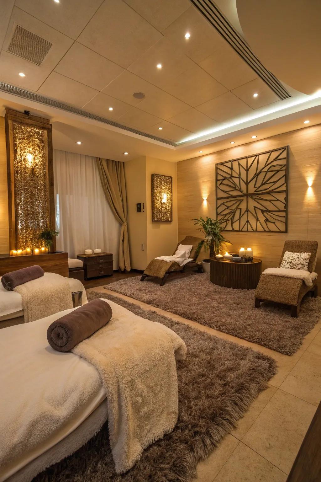 Comforting textures with throws and rugs in a spa room
