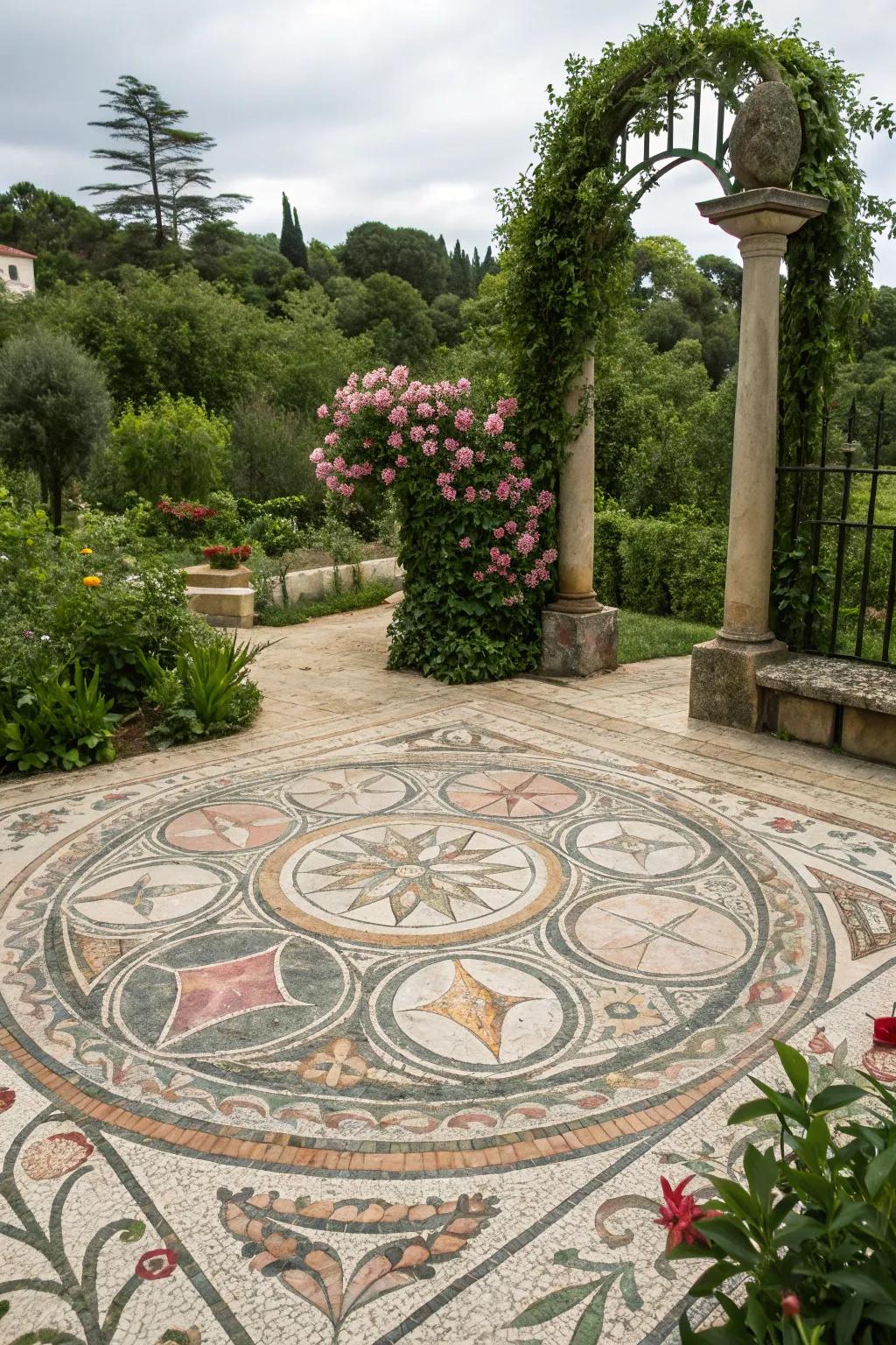 A stunning rock mosaic adding artistic flair to a garden.