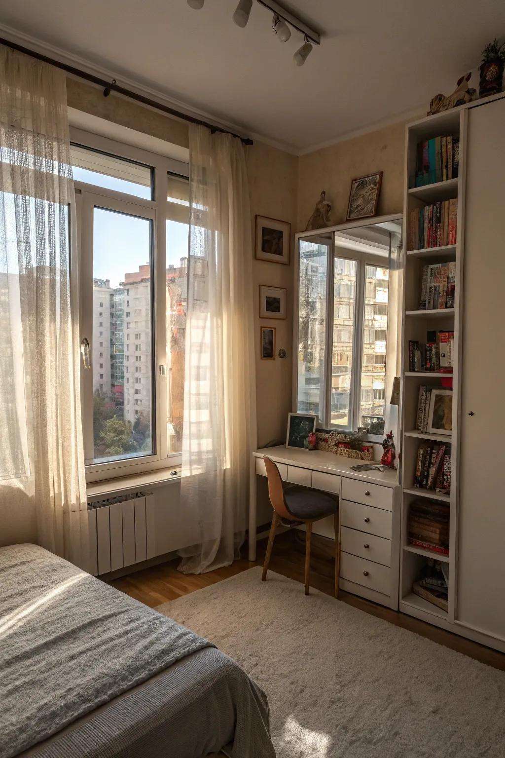Natural light is amplified by using mirrors and light curtains, creating a bright atmosphere.