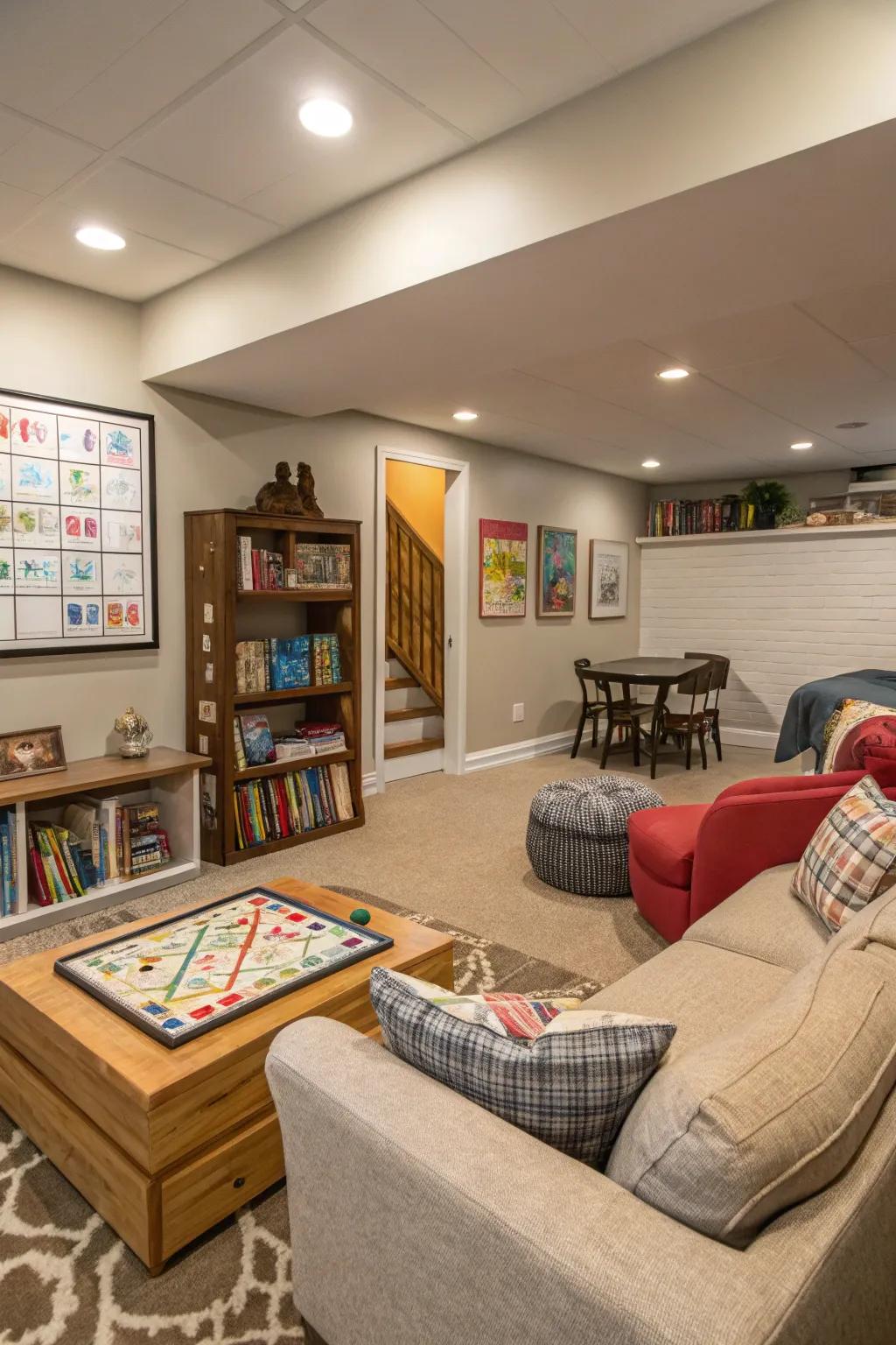Transform your basement into a lively family-friendly game zone for endless amusement.