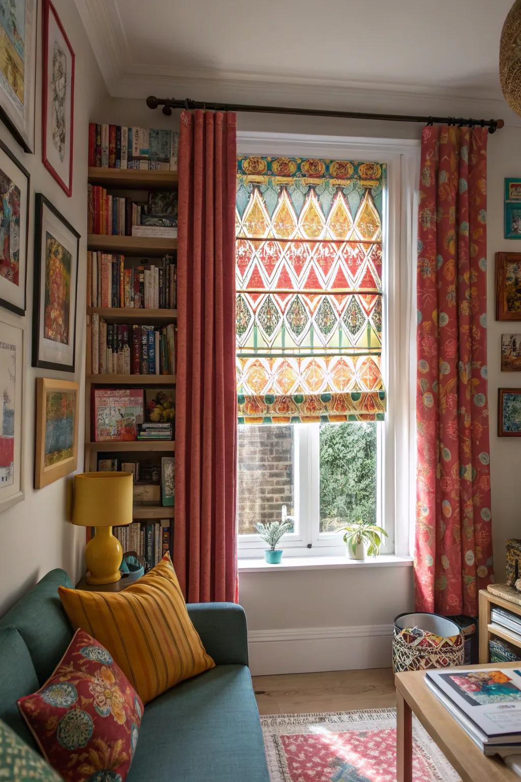 Patterned window coverings serve as a bold statement for compact spaces.
