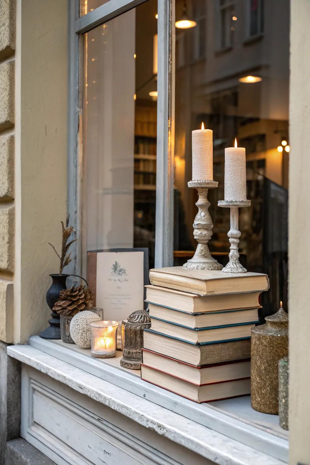 A stylish combination of books and decor in a small window display.