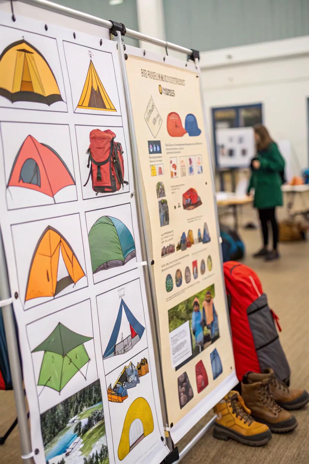 Shelters and camping tool images add an adventurous feel.