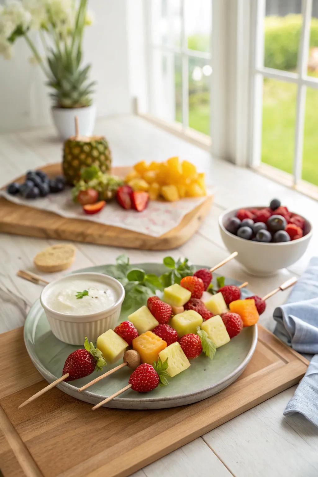 Revitalizing fruit skewers paired with a creamy yogurt dip.