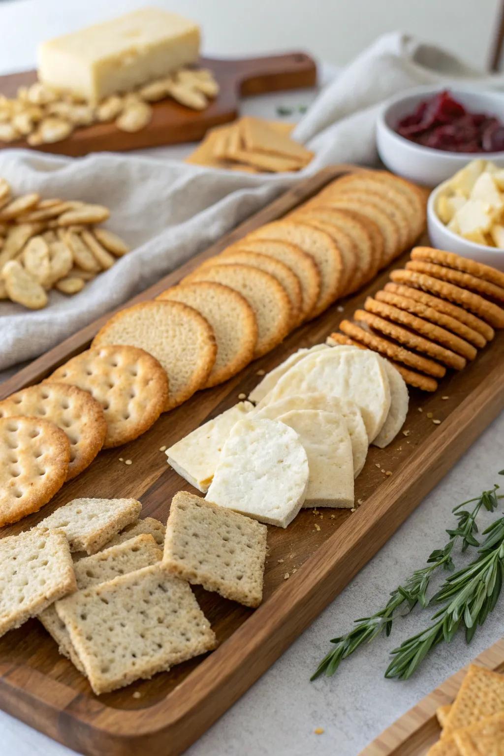 An assortment of crackers and breads to complement any topping.