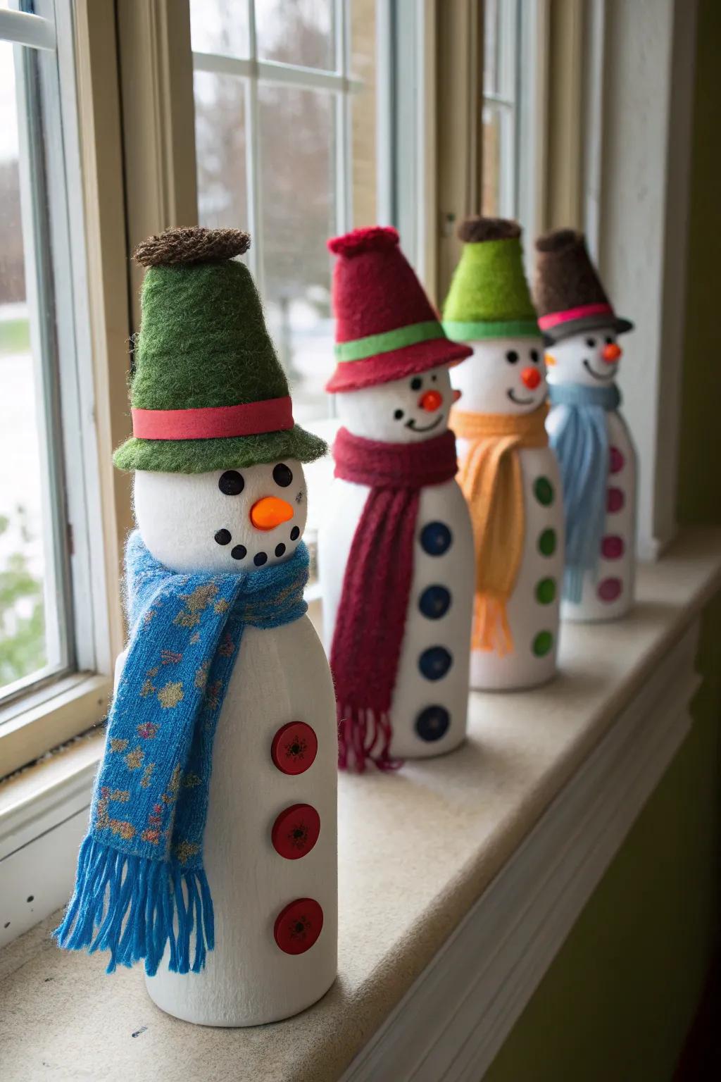 Recycled bottle snowmen showcase creativity and sustainability.