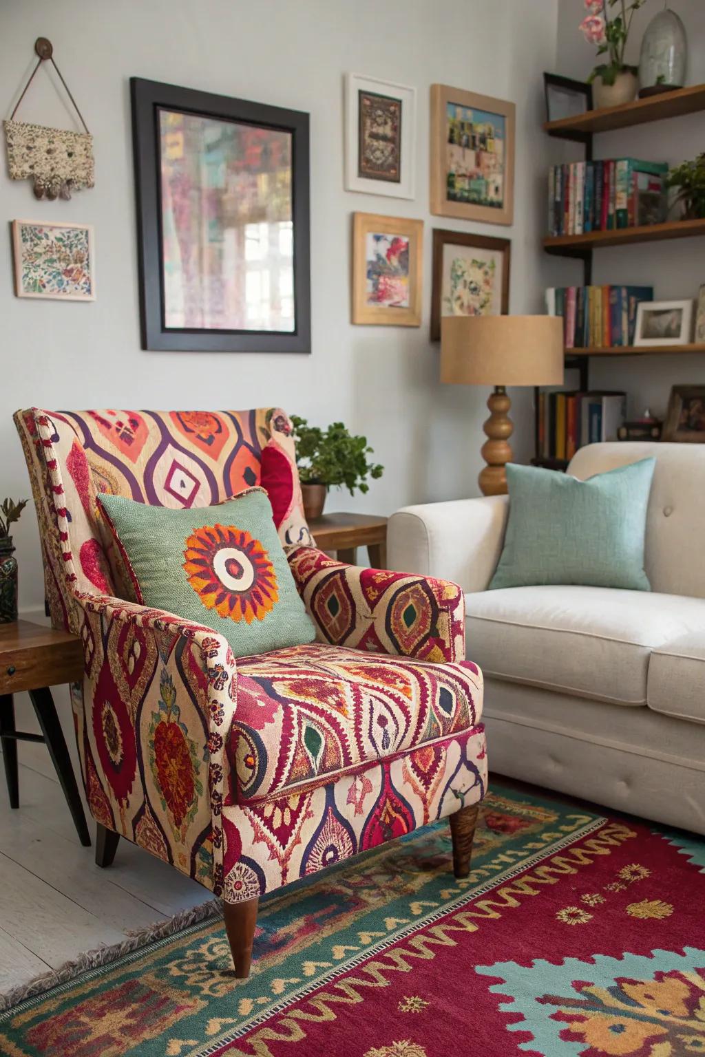 A chair with bold patterns can transform a room with personality.