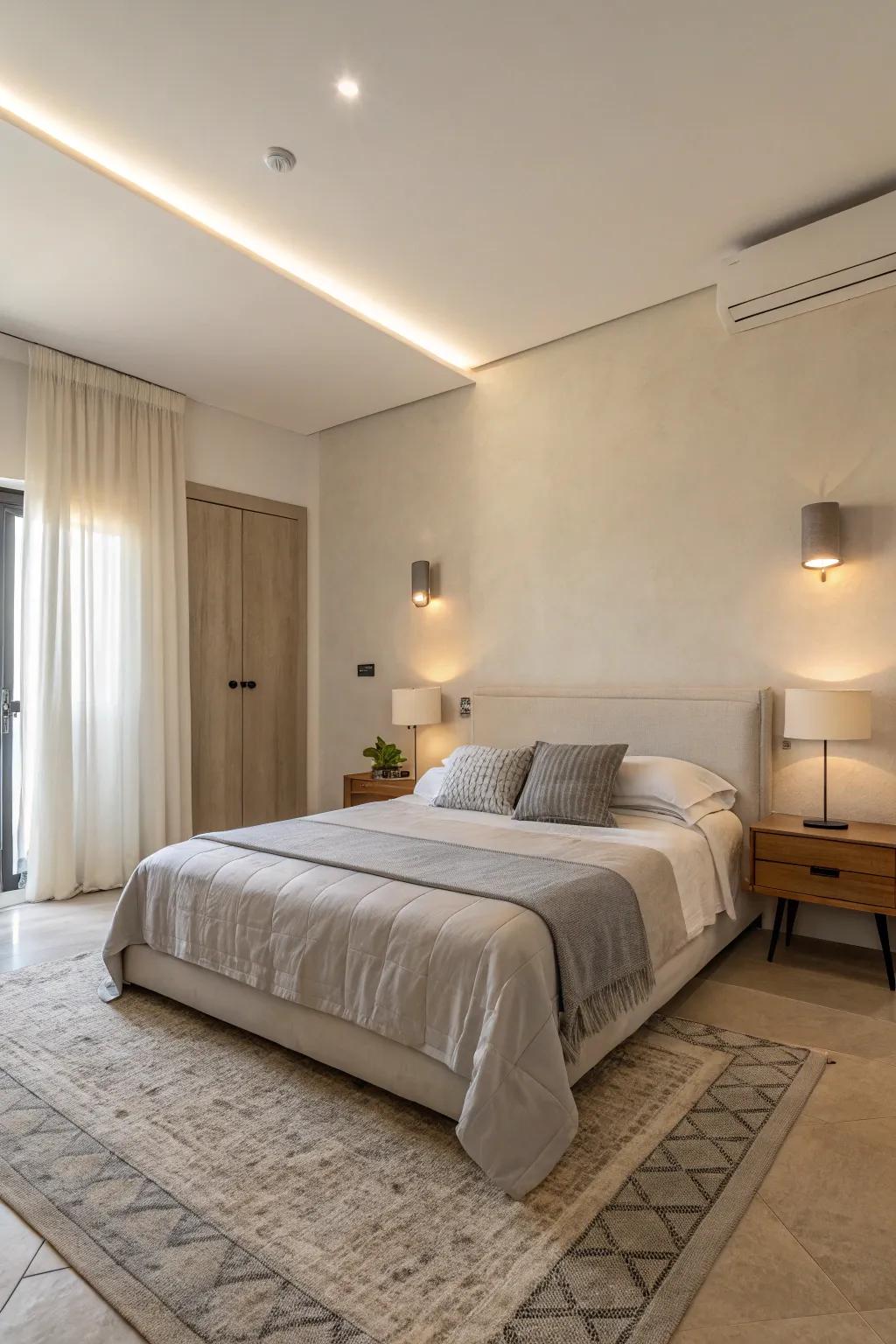 Simple design creates a feeling of peace and space in compact bedrooms.