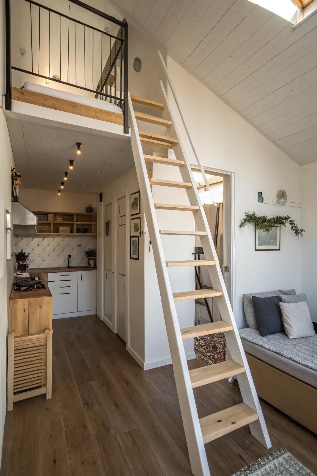 Vertical stairs maximize space in a compact studio apartment.