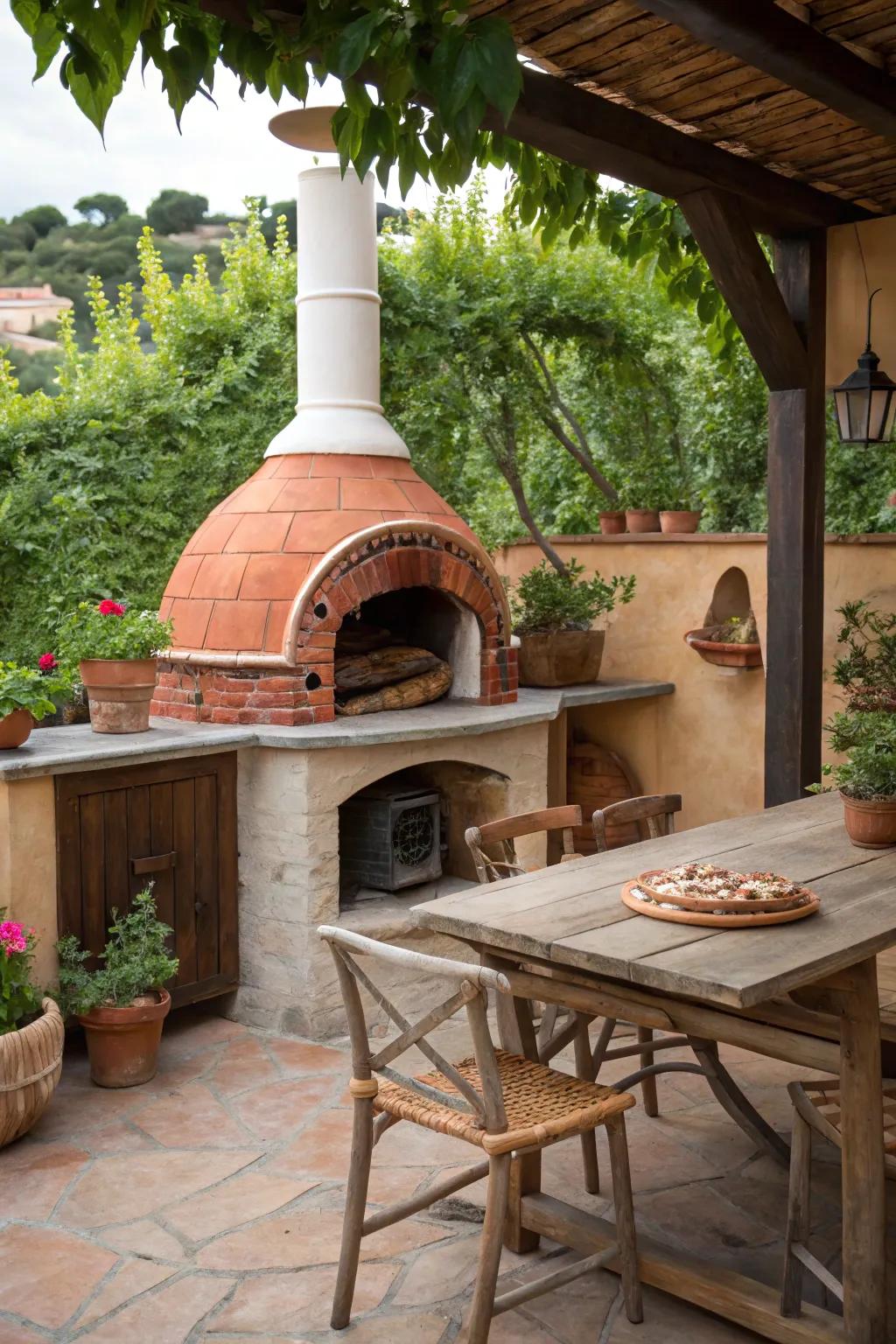 A traditional wood-burning stove brings authentic taste and charm to this outdoor kitchen.