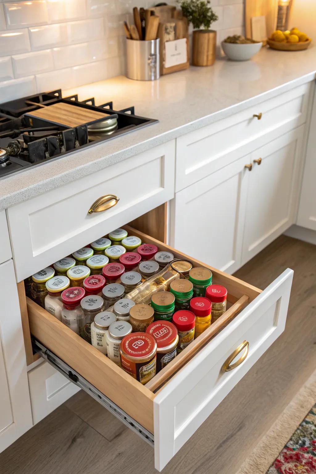 Elegantly organized spices in a pull-out drawer.