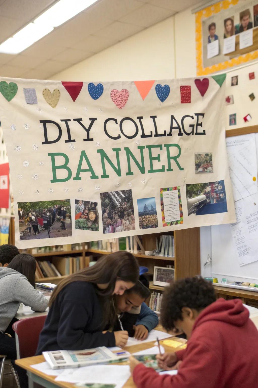 A collaborative DIY collage sign, full of personal touches.