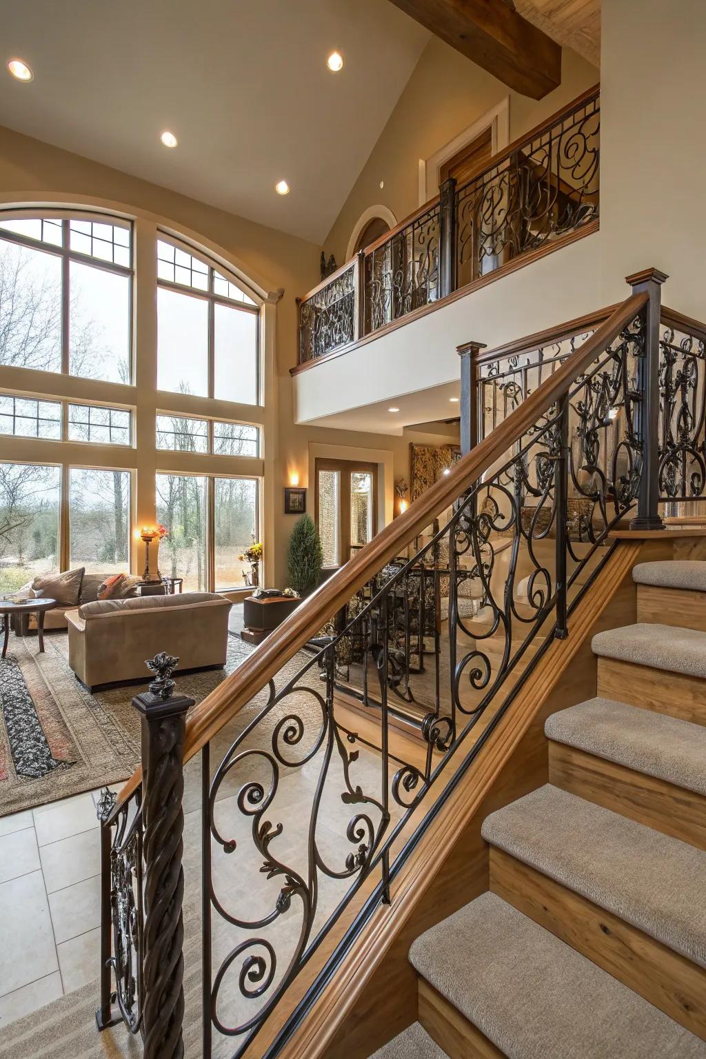 Custom ironwork railings transform a split-level home into an art piece.