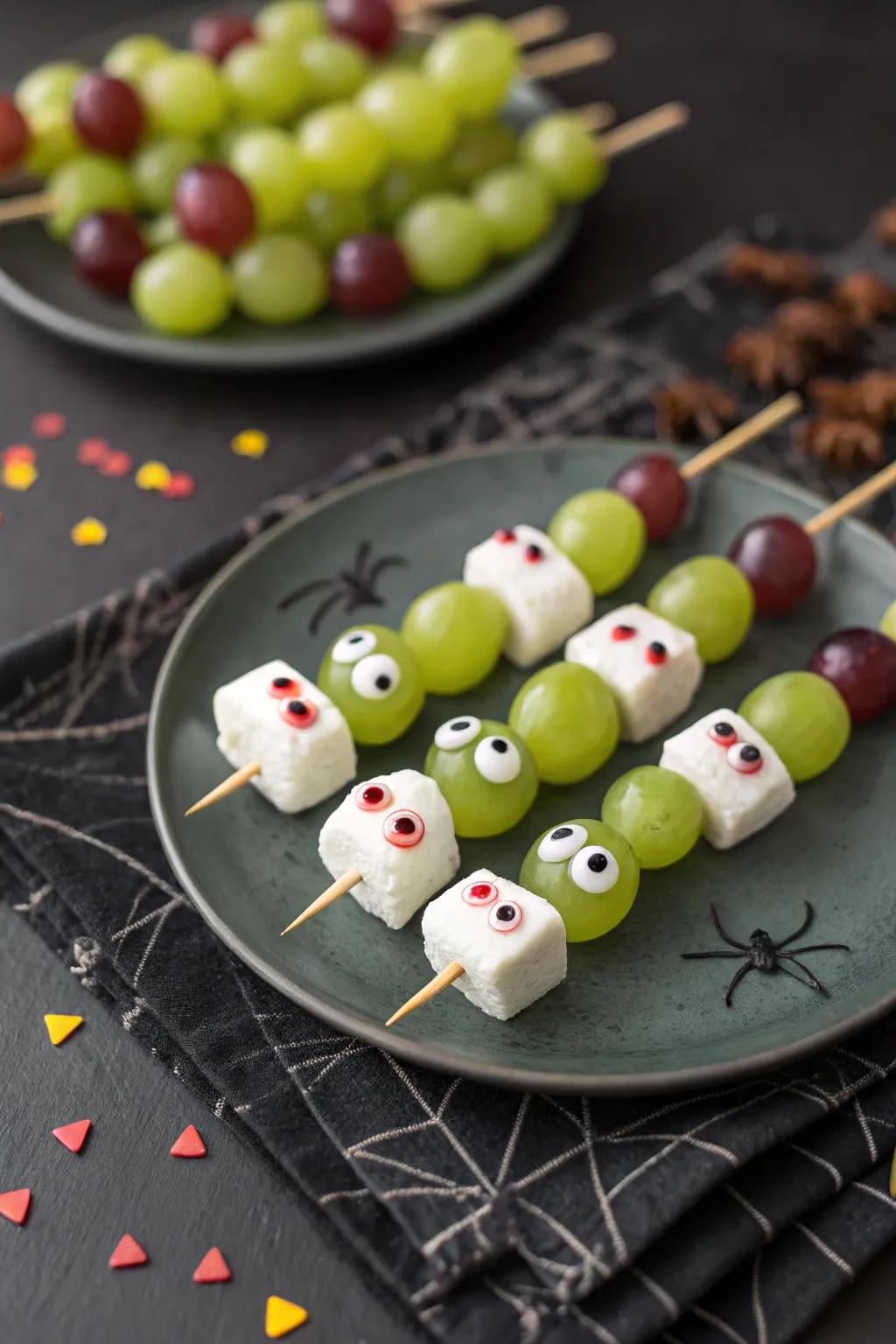 Vampire grape skewers all ready to be gobbled up by your guests.