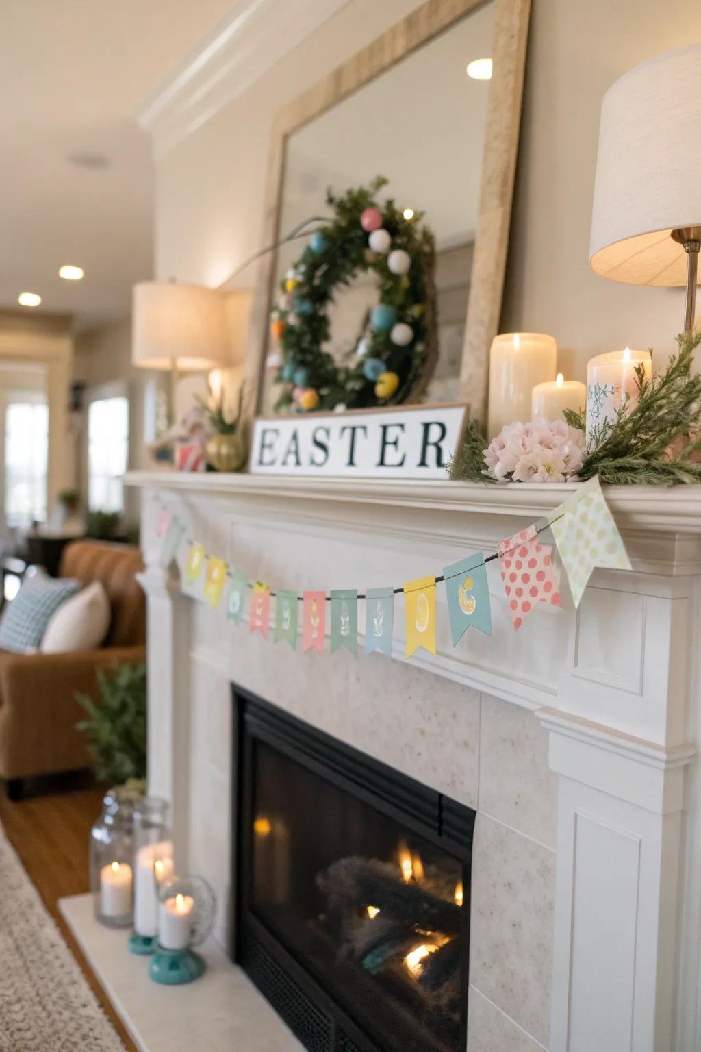 A celebratory garland introduces a touch of splendor to the mantel.