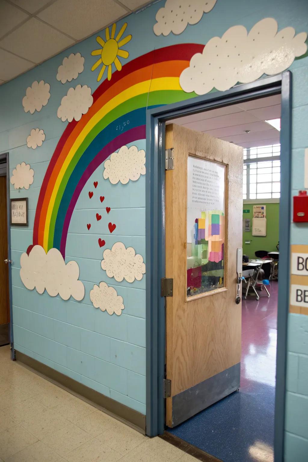 A classroom door featuring clouds and a rainbow, bringing fortune from above.