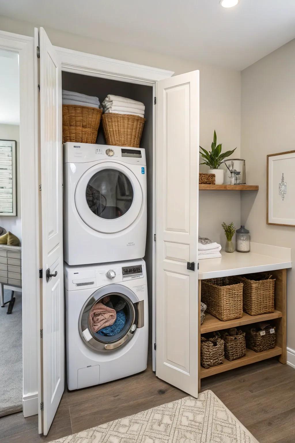 A hidden nook keeps your laundry area out of sight and tidy.