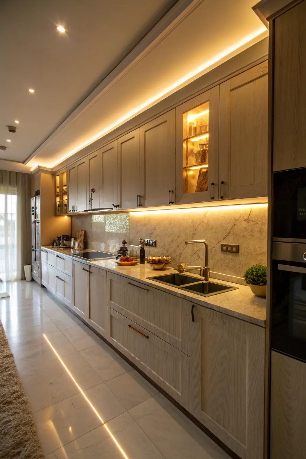 Integrated lighting enhancing warmth and sophistication within your kitchen.