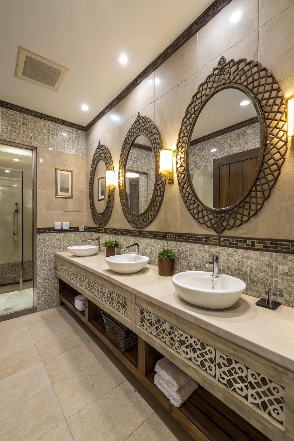 Decorative mirrors improve both aesthetics and practicality in the employee bathroom.