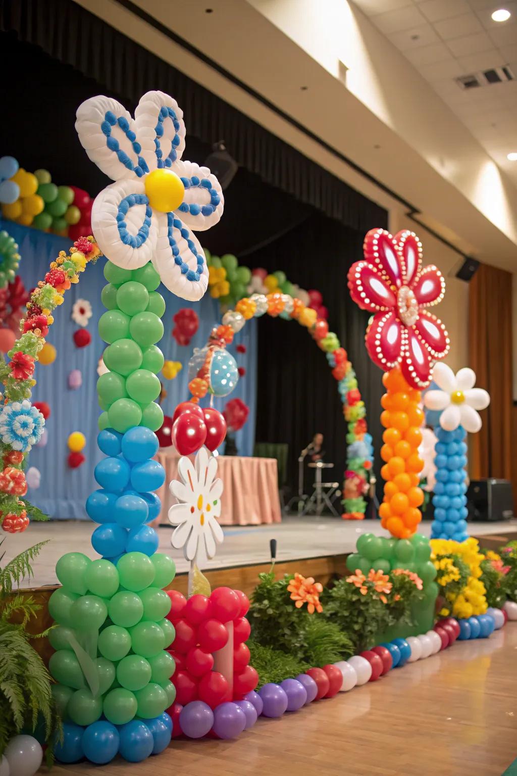 A stage adorned with whimsical balloon flower structures.