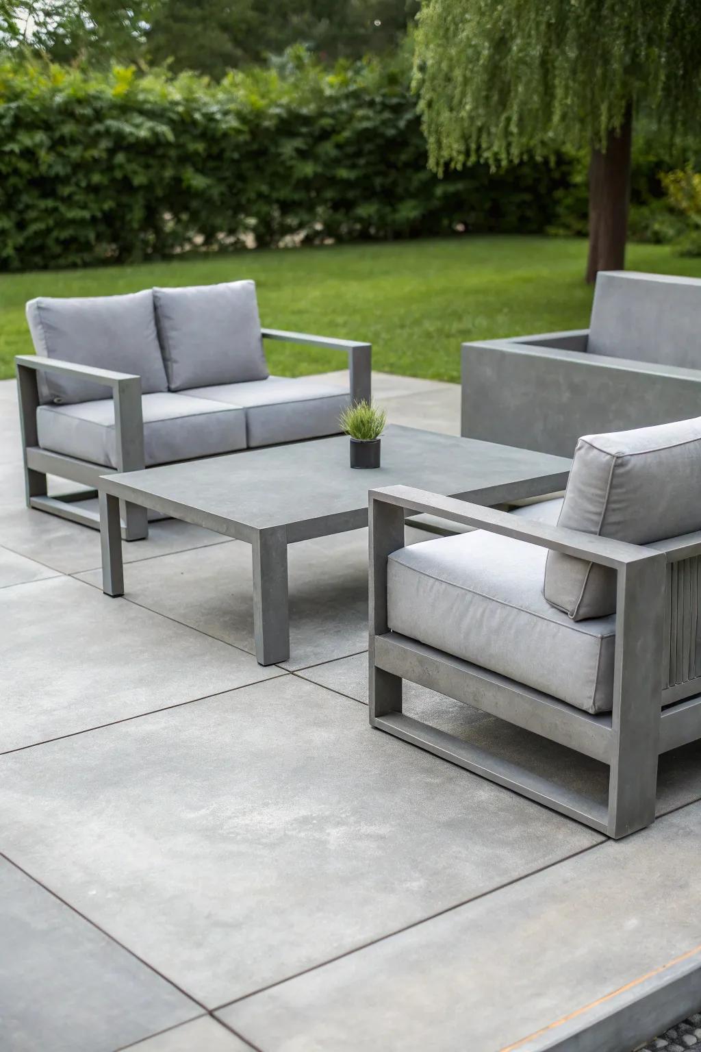 A stylish patio with gray-stained concrete and modern furniture.
