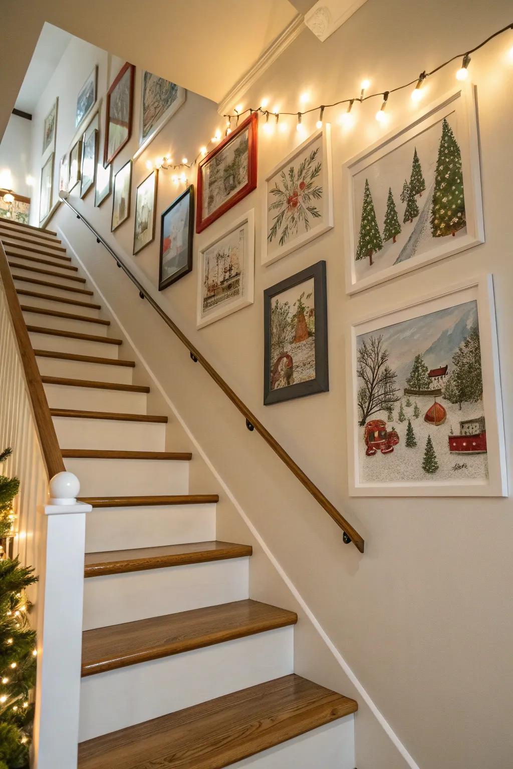 Seasonal prints bring a celebratory feel to the stairway gallery arrangement.