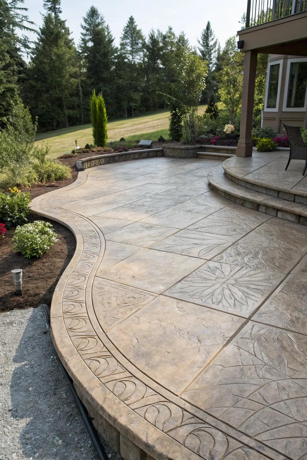 A stamped concrete patio showcasing elegant curved borders.