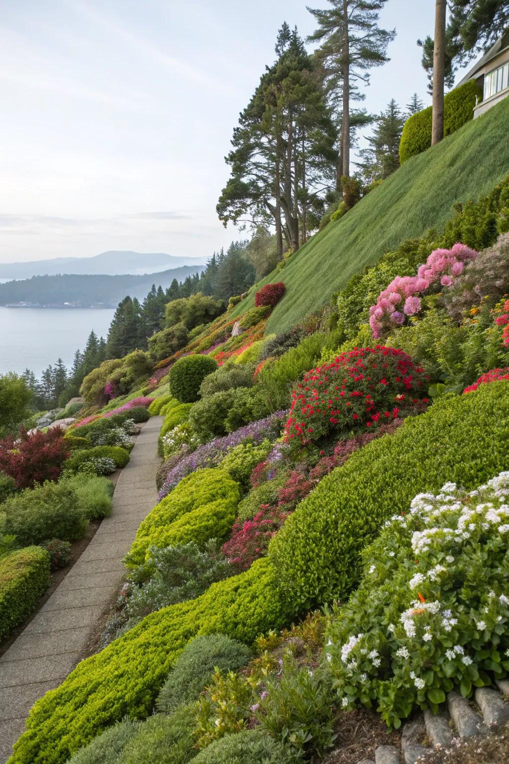 A diverse range of plants breathes life and color into sloping landscapes.