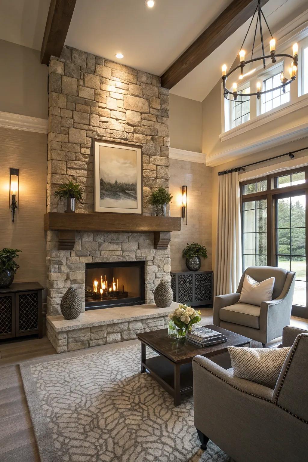A contemporary area showcases a stone fireplace featuring a streamlined suspended mantel.
