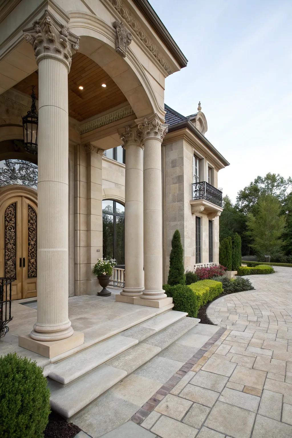 A stunning house entrance featuring grand stone columns.
