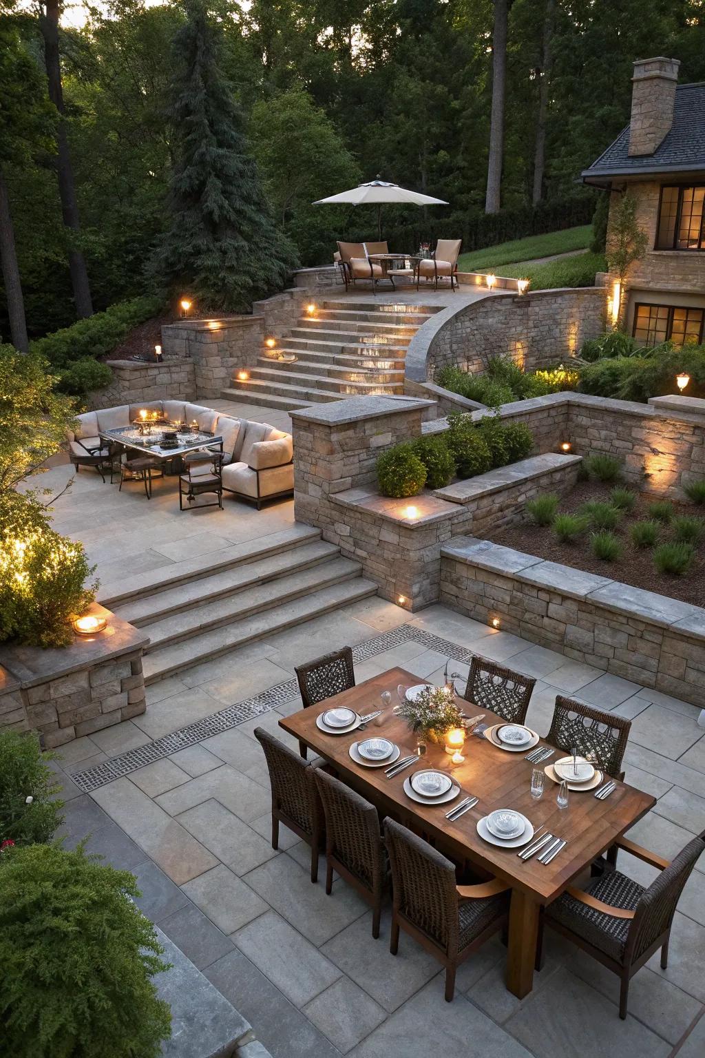 A tiered stone patio providing distinct outdoor zones.