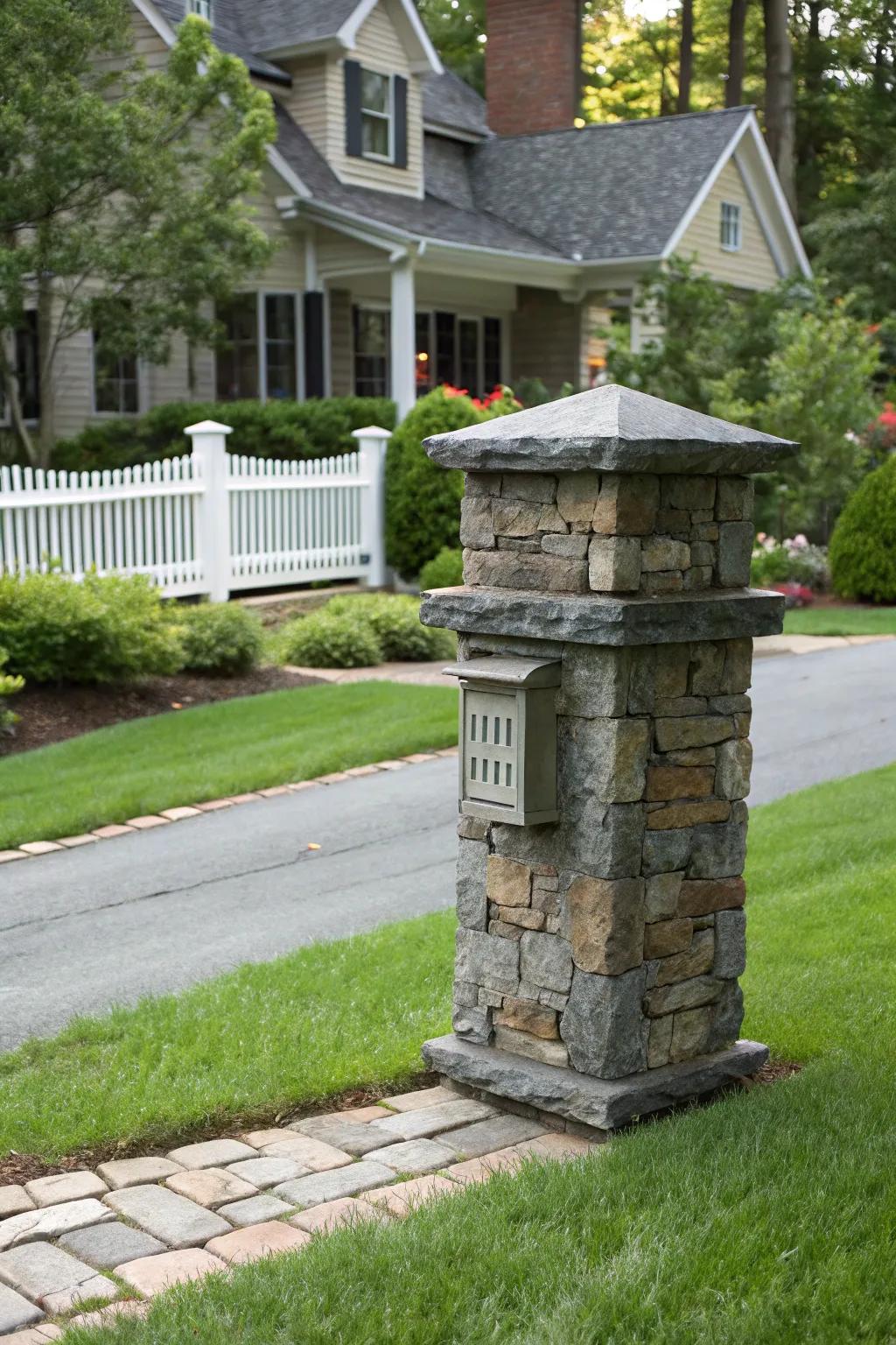 An artistic rock-plate mailbox pillar displaying unique textures.