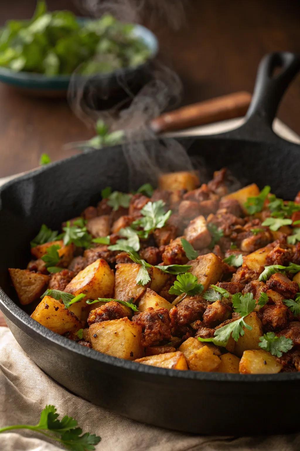 Spicy chorizo and potato hash, a flavorful kick.