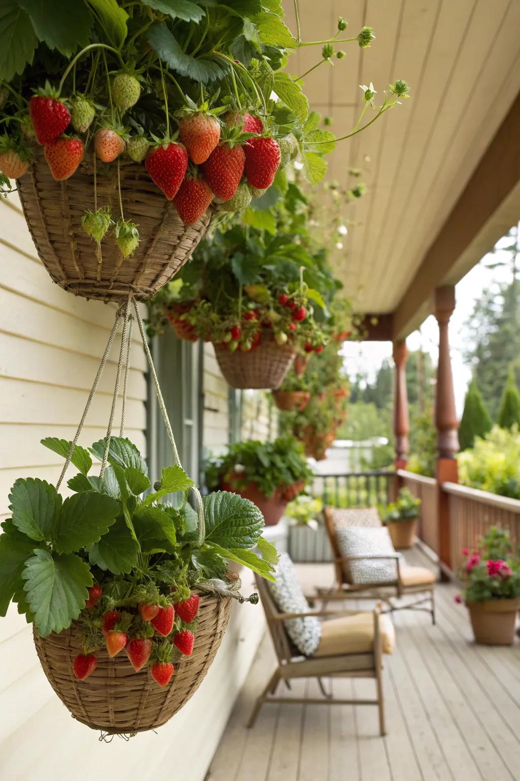 Strawberries thriving in hanging baskets on a veranda.